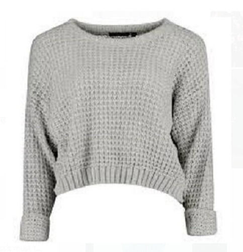 White Daily Wear Comfortable Full Sleeves Round Neck Winter Wear Knitted Crop Top For Ladies