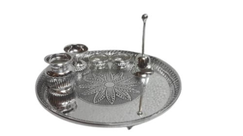 Silver Glossy Finish Round Water Resistant Metal Pooja Thali Set