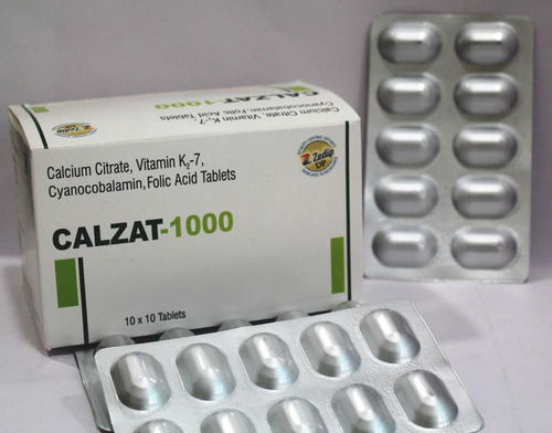 Calzat-1000 कैल्शियम सीटी, विटामिन K2-7, साइनोकोबालामिन और फोलिक एसिड टैबलेट, 10x10 अलु अलू