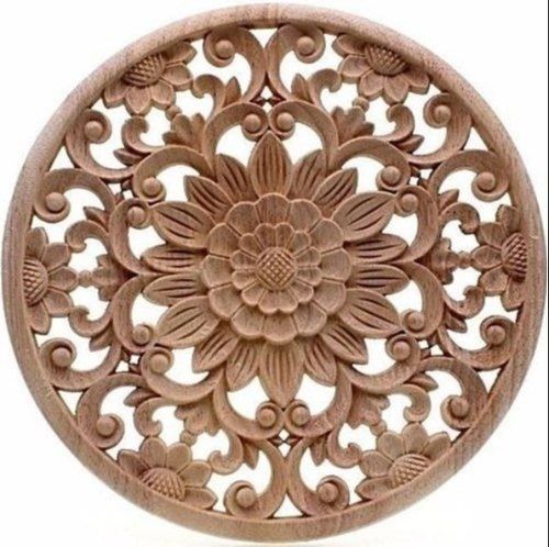 Brown Round Shape Engraved Carved Wood Hanging Panel