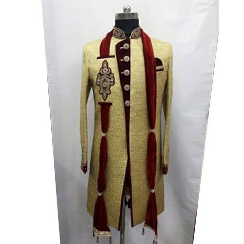 Cream And Mahroon Silk Wedding Sherwani For Mens