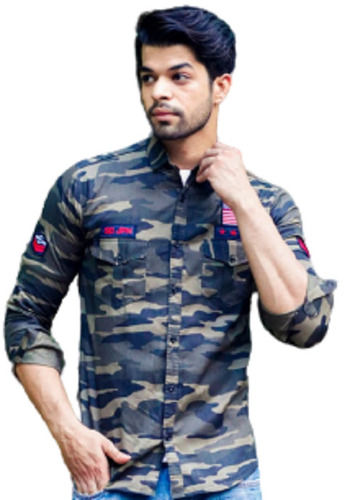 Spread Collar Stylish Camouflage Printed Cargo Cotton Shirts For Men