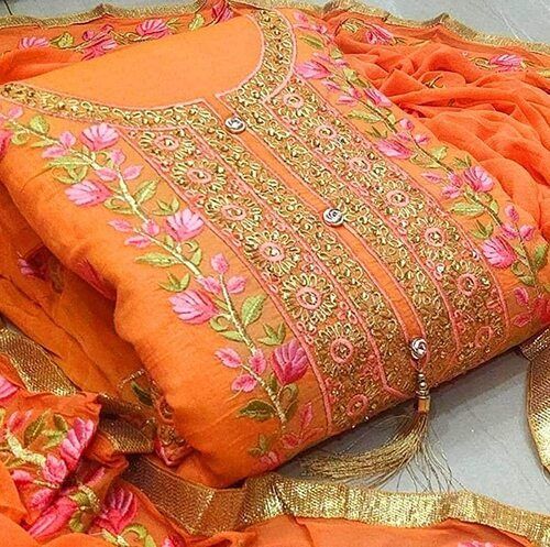 Casual Wear Regular Fit Embroidered Breathable Cotton Silk Salwar Suits for Ladies