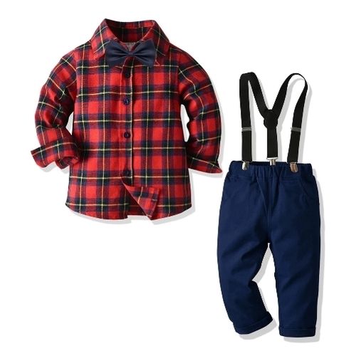 Kids Party Wear Check Pattern & Plain Blue Cotton Shirt Pants Set