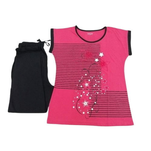 Ladies Comfort Fit Daily Wear Sleeveless Printed Cotton Blend Nightwear T Shirt And Short