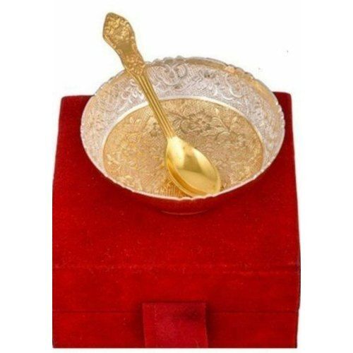 Easy To Clean Eco Friendly Silver And Gold Plated Designer Brass Bowl And Spoon Set (4 Inches)