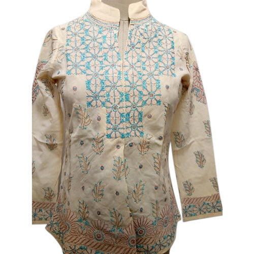 Light Brown Embroidered Full Sleeve Stylish Casual Wear Cotton Chicken Kurti For Ladies