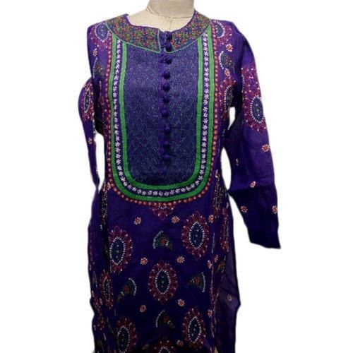 Purple Embroidery Full Sleeve Cotton Kurti For Ladies