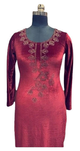 Maroon Full Sleeves Round Neck Casual Wear Embroidered Designer Velvet Suit