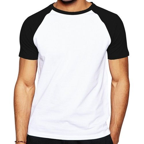 Black And White Plain Round Neck Cotton Mens T-Shirt