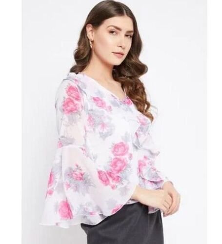 Full Sleeves V-Neck Regular Fit Floral Printed Georgette Flared Ladies Top