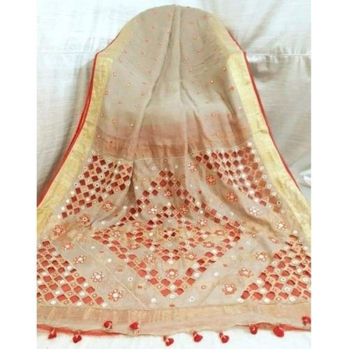 Cotton Silk Based Traditional Printed Embroidery Linen Saree For Women