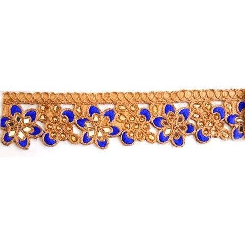 One Sided Golden And Blue Mirror Work Flower Designed Saree Lace