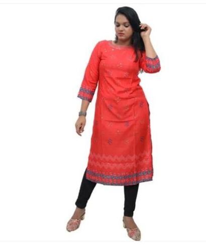 3/4th Sleeves Round Neck Stitched Regular Fit Ladies Printed Cotton Kurti 