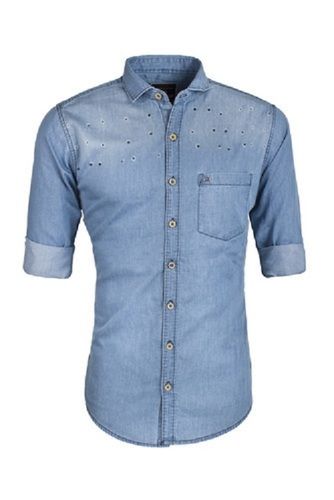 Casual Wear Regular Fit Full Sleeve Breathable Readymade Mens Plain Denim Shirts