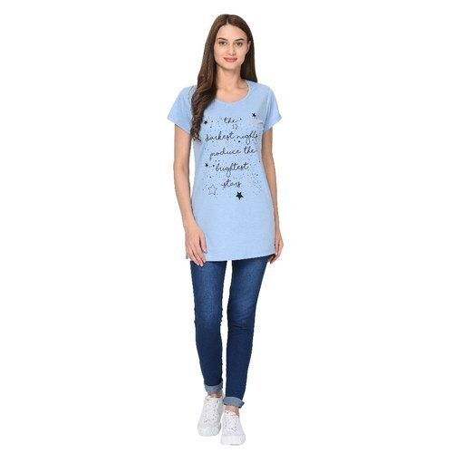 Round Neck Half Sleeves Pure Cotton Fabric Regular Fit Ladies Long Printed T-Shirts 