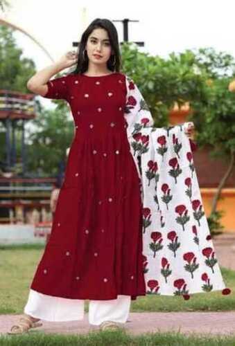 Knee Long Round Neck Half Sleeve Ladies Cotton Printed Kurti Set With Dupatta