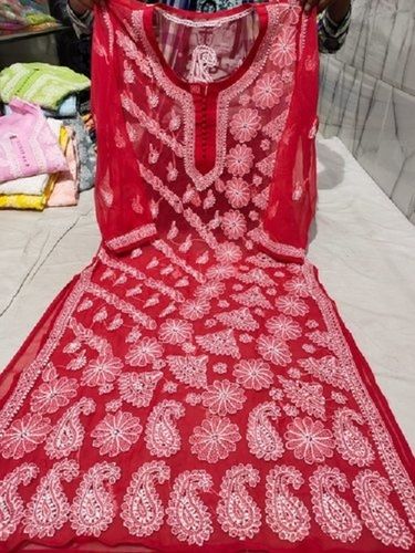 Lucknowi Chikan Hand Embroidery Kurti, Color: Red