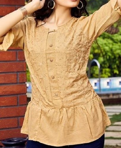 Brown Ladies Chiffon Tops, Pattern: Embroidery, Sleeves Type: 3/4Th Sleeve