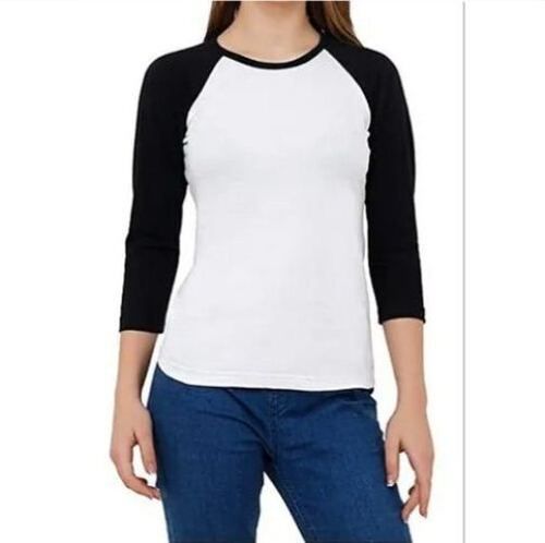 Multi Color Pure Cotton Fabric 3/4th Sleeves Casual Wear Round Neck Ladies T-Shirts 