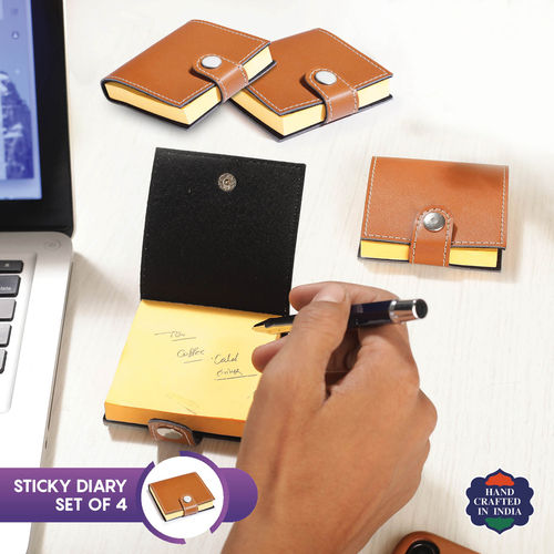 Handcrafted Portable Mini Stick-On Diary With Vegan Leather Cover, Set Of 4