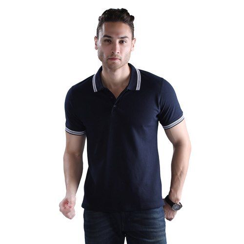 Mens Plain Dyed Short Sleeve Polo Neck Blue Cotton Casual Wear T-shirt