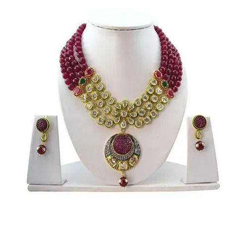 Multi Color Matt Finishing Beaded Necklace With Earrings For Party Wear