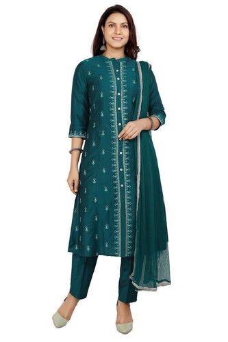 Green 3/4 Sleeves Mandarin Neck Poly Silk Embroidered Salwar Suit Sets