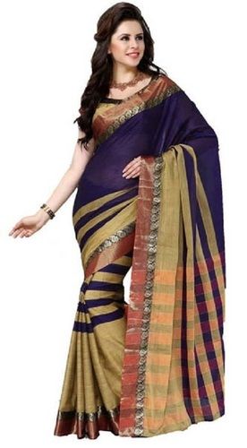 Grey Ladies Checked Lightweight Blue And Beige Cotton Silk Casual Wear Saree