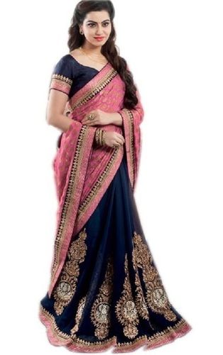 Automatic Ladies Party Wear Lightweight Breathable Blue And Pink Printed Designer Saree