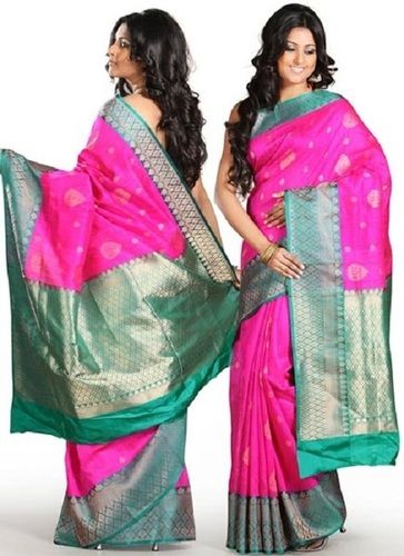 Brown Ladies Printed Lightweight Pink And Green Festive Wear Bengali Saree