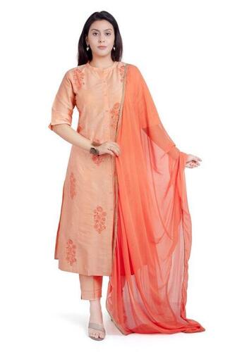 Light Peach 3/4 Sleeves Mandarin Neck Poly Silk Cotton Embroidered Salwar Suit