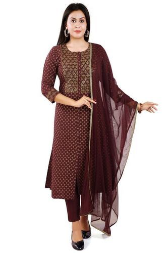 Maroon 3/4 Sleeves Round Neck Poly Silk Cotton Embroidered Salwar Suit
