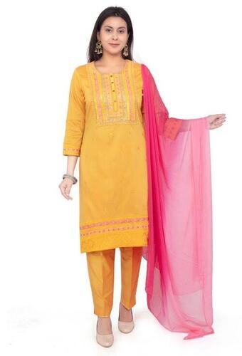 Mustard Yellow 3/4 Sleeves Round Neck Poly Silk Embroidered Salwar Suit