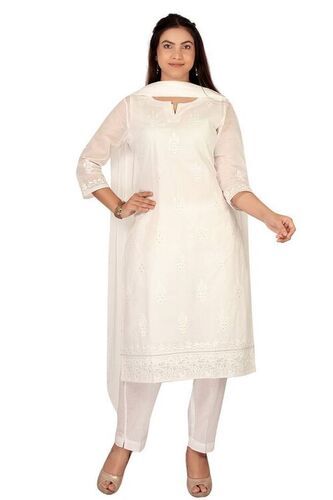 Off White 3/4 Sleeves Round Neck Cotton Organdy Embroidered Salwar Suit