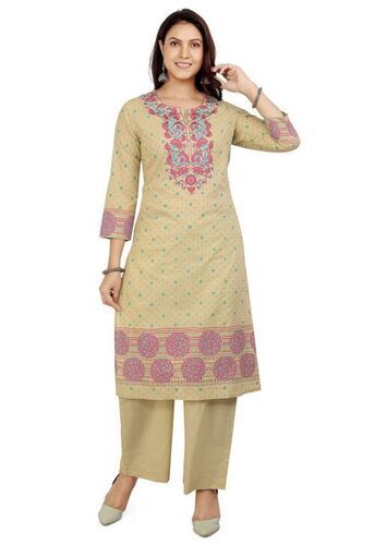 Smooth Pista Green 3/4 Sleeves Round Neck Cotton Embroidered And Printed Kurta With Palazzo