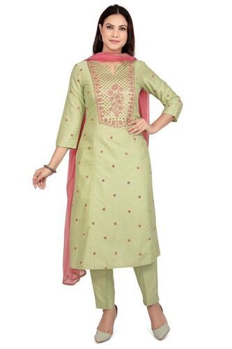 Pista Green 3/4 Sleeves Round Neck Poly Silk Embroidered Salwar Suit Sets