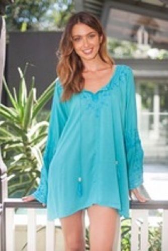 Ladies Plain Long Sleeve Scoop Neck Beach Wear One Piece Short Tunic