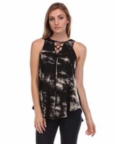 Ladies Printed Round Neck Sleeveless Black Cotton Casual Wear Tops