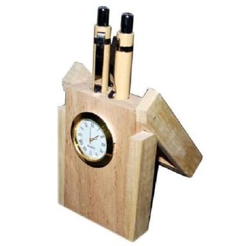 Light Brown Color Polished Finish Bamboo Pen Stand With Clock