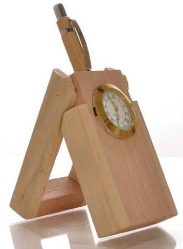 Light Brown Color Polished Finish Bamboo Pen Stand With Clock For Gifting Purpose