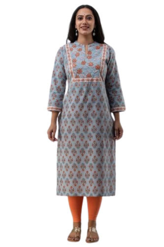 Traditional Straight Knee Length Printed Cotton Jaipuri Kurti For Ladies Bust Size: 34 Inch (In)