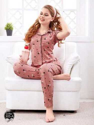 Ladies Designer Printed Short Sleeves Regular Fit 2 Piece Night Suit