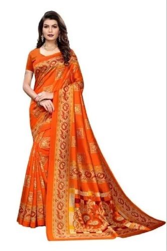 Ladies Party Wear Lightweight Orange Block Print Mysore Silk Saree With Blouse Piece