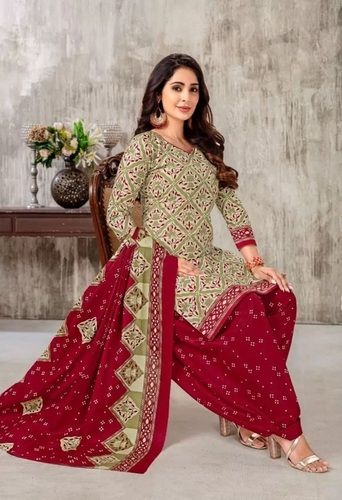 Green And Red 3/4th Sleeves V Neck Pure Cotton Printed Salwar Suit