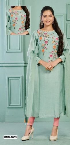 Ladies Long Sleeve Round Neck Cotton Embroidered Party Wear Kurtis