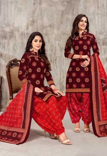मैरून और लाल 3/4 स्लीव मंदारिन नेक प्योर कॉटन प्रिंटेड सलवार सूट