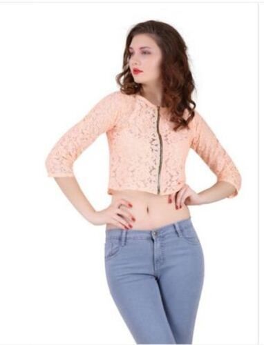 Beverage Multi Color 3/4Th Sleeves Lace Fabric Slim Fit Casual Wear Ladies Zipper Tops 