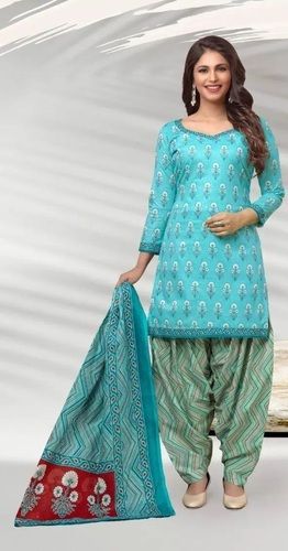 Sky Blue Round Neck 3/4th Sleeves Pure Cotton Printed Designer Salwar Suit