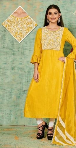 Yellow Embroidered Cotton Round Neck 3/4th Sleeve Party Wear Kurtis